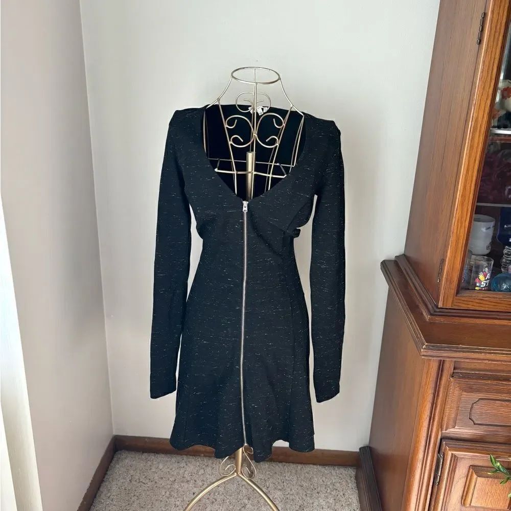 Aritzia Wilfred Zip Front Fit Flare Dress Black Long Sleeve Size S